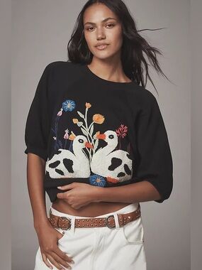 By Anthropologie Black Tufted Duck Sweatshirt Sz S Bohemian Cottage Prairie Cozy